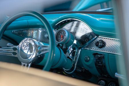 Steering wheel and dashboard of a vintage car, close-upの写真素材