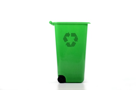 Empty green plastic recycle bin isolated, recycling conceptの写真素材