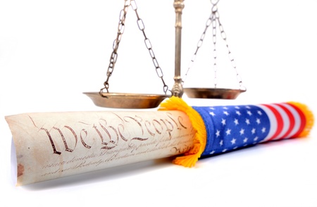 Scales of justice , American flag and US Constitutionの写真素材