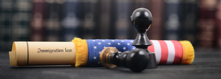 Immigration Law wrapped in a USA flag, Imigration Regulation concept, Notary seals on the wooden background.の写真素材