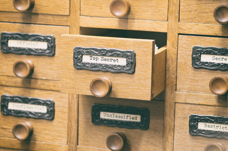 The Archives Card Catalog , old wooden file catalog box, index , database, archive and library concept.の写真素材