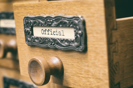 The Archives Card Catalog , old wooden file catalog box, index , database, archive and library concept.の写真素材