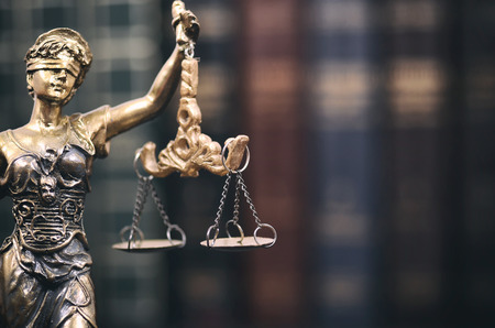 Law and Justice, Scales of Justice, Justitia, Lady Justice, law library concept, Law books in the background.の写真素材