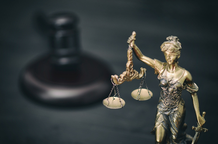 Law and Justice, Legality concept, Scales of Justice, Judge Gavel, Justitia, Lady Justice on a black wooden background.の写真素材