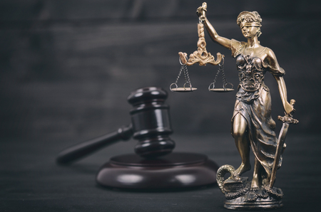 Law and Justice, Legality concept, Scales of Justice, Judge Gavel, Justitia, Lady Justice on a black wooden background.の写真素材