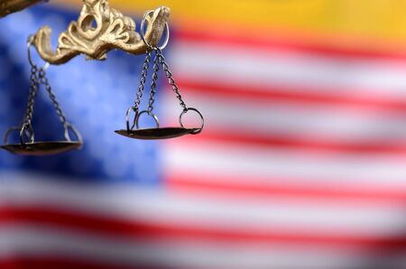 Law and Justice, Legality concept, Scales of Justice, Lady Justice in front of the American flagの写真素材