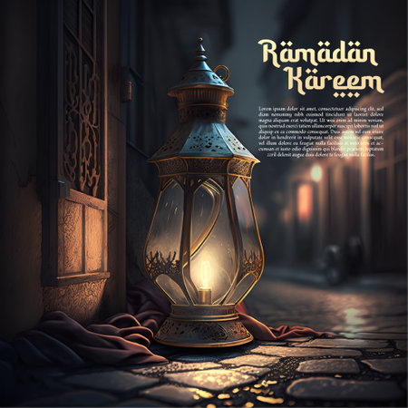realistic Islamic greeting ramadan kareem card design background with gold beautiful lanternの素材