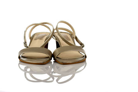 Beautiful feminine sandals on white with reflectionの写真素材