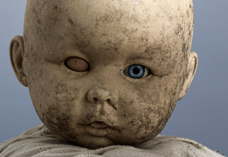 Close-up of baby doll with only on eye openedの写真素材