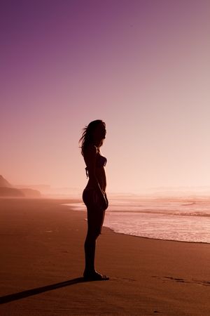 Female silhouette of a beautiful young girl on the beach at the sunsetの写真素材