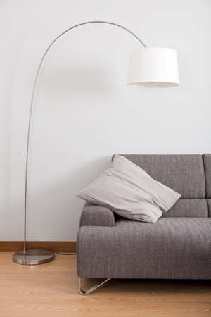 Modern and clean decoration of an apartment with a sofa and a lampの写真素材