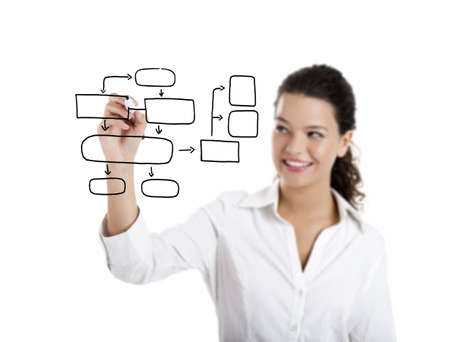 Young businesswoman drawing a diagram isolated on white backgroundの写真素材