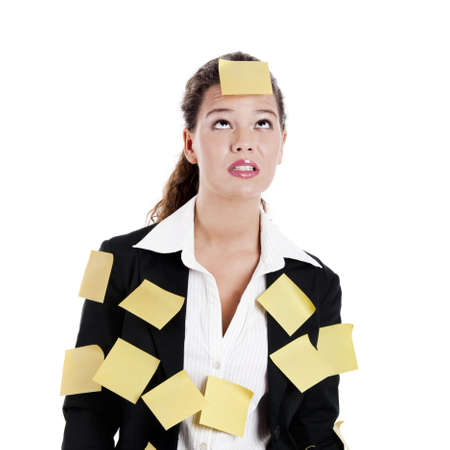 Businesswoman with yellow pos-its, isolated on white