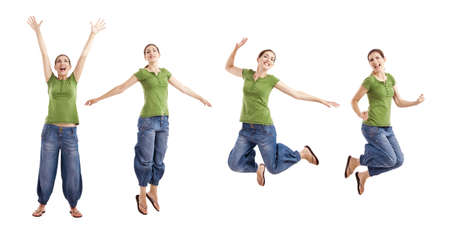 Beautiful happy woman jumping over a white background