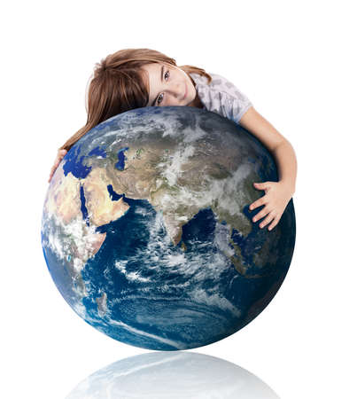 Little girl hugging the planet earth over a white background の写真素材