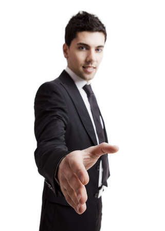 Young businessman giving handshake up isolated over a white background の写真素材