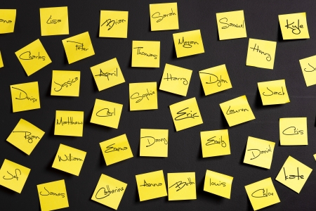 Yellow paper notes with male and female names の写真素材