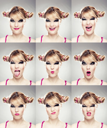Multiple close-up portraits of the same woman expressing different emotions and expressionsの写真素材