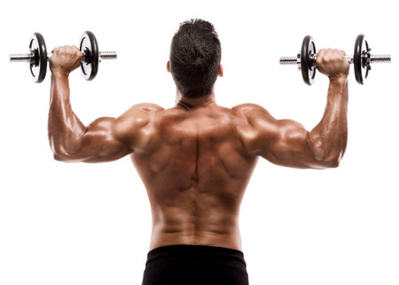 Muscle man in studio lifting weights, isolated over a white background