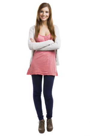 Beautiful blonde woman standing over a white backgroundの写真素材