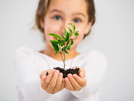 Cute little girl holding a green plant oh her handsの写真素材