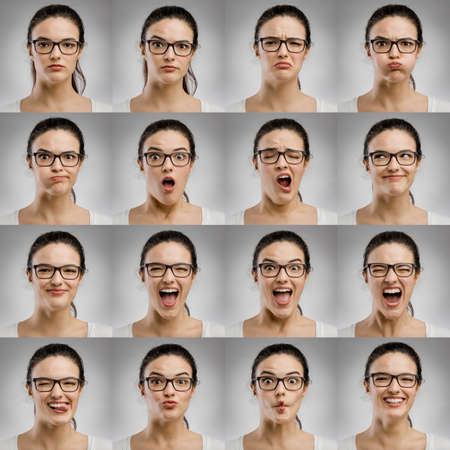 Multiple portraits of the same woman making diferent expressions