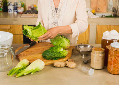 Fermented preserved vegetables. Cabbage kimchi and sauerkraut sour cabbage glass jars.の写真素材