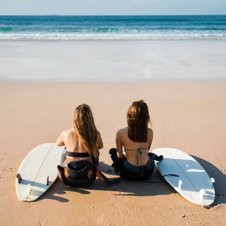 Two beautiful female friends at the beach sitting on the sand with her surfboards while looking to...