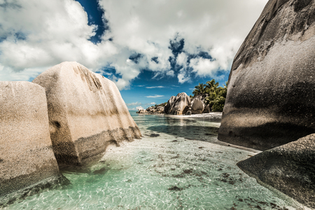 Beautiful beach Anse Source D'argent in Praslin, Seychellesの写真素材