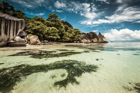 Beautiful beach Anse Source D'argent in Praslin, Seychellesの写真素材