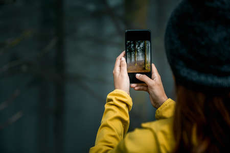 Female traveler taking a picture to a forest with her cellphoneの写真素材