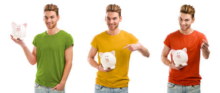 Collage of a young man holding a piggybank and smiling, isolated over a white background