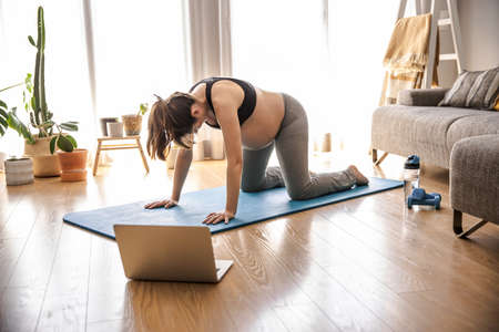 Pregnant woman working out at home doing exercises. Keeping in good shape while waiting for babyの写真素材