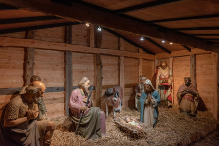 Hasselt. Limburg-Belgium 12-12-2021. Scene installation of Christmas night with the birth of Jesusのeditorial素材
