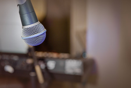 microphone on the background of musical instruments. Copy space. Selected focusの写真素材