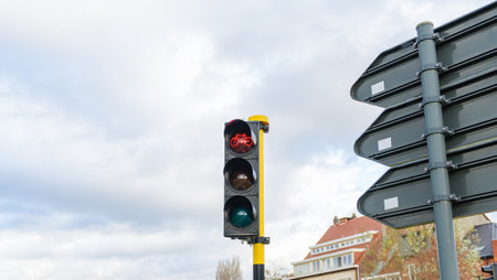 Traffic light with red light prohibiting the movement of bicycles. Copy spaceの写真素材