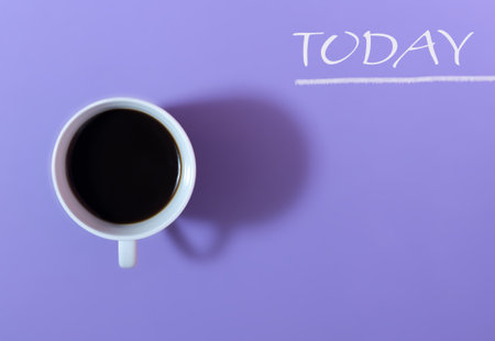 Cup of coffee for the menu. Lilac background. Inscription - Today