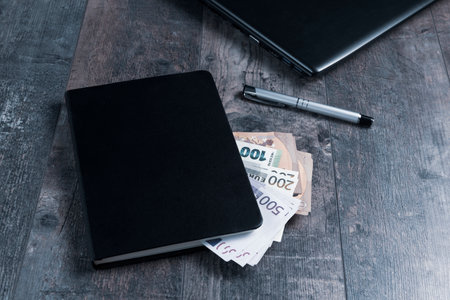 Accounting book fragment of an account device with euro banknotes and a fountain pen on the background of a wooden table.の写真素材