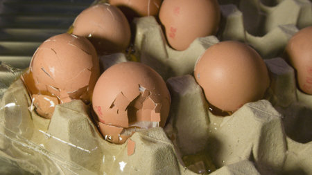 Broken chicken eggs in a package, close up.