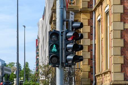 Green traffic light signal for both pedestrians and cyclists on city street roadway