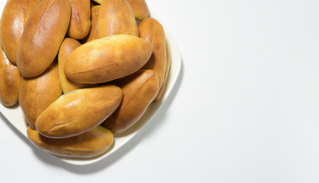 Homemade pies on a white platter. banner. On a white backgroundの写真素材