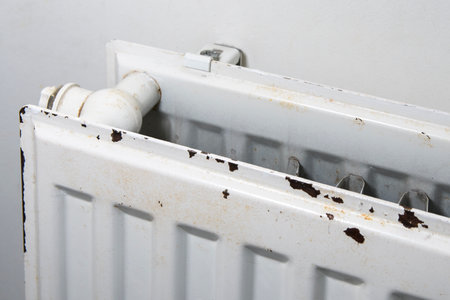 A radiator in the room has rust protruding from its white paint