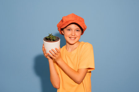 Teenage girl with a home flower in a pot. Bpjkbhjdfysa positive portrait of a teenager 8-11 years oldの写真素材
