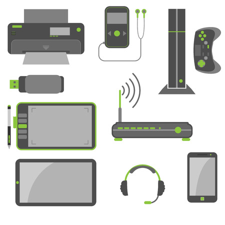 Simple and stylish computer devices icons in green and gray colors のイラスト素材