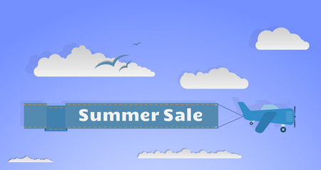 Cartoon Plane With Banner Flying Among Sky And Clouds Royalty