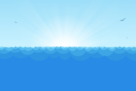 Blue horizon ocean view with rising sun, simple waves and seagulls.のイラスト素材