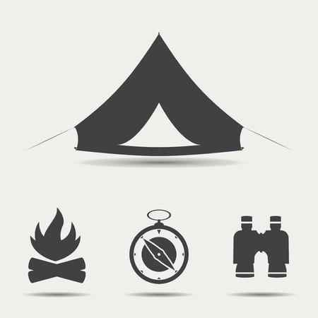Set of simple black camping icons. Traveler tent, bonfire, compass, binoculars.のイラスト素材