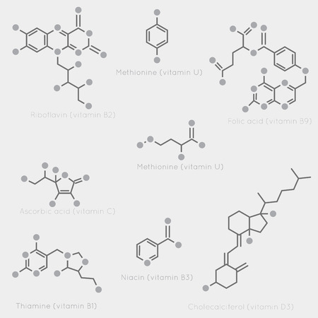 Skeletal formulas of some vitamins. Schematic image of chemical organic molecules, nutrients.のイラスト素材