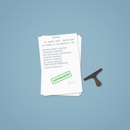 Flat illustration. Approved documents, approved stamp, business papers. Signed agreement.のイラスト素材