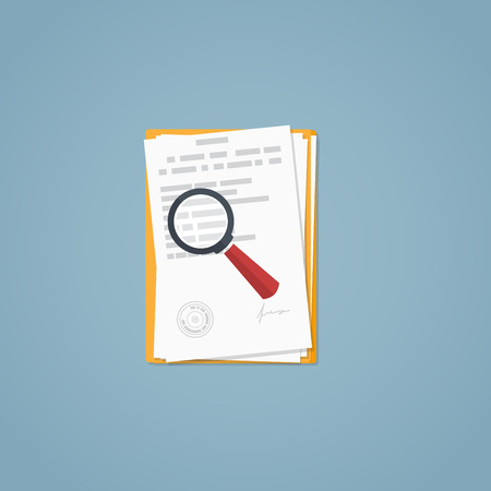 Flat illustration. Documents, magnifying glass, business papers. Signed agreement. Investigation research.のイラスト素材